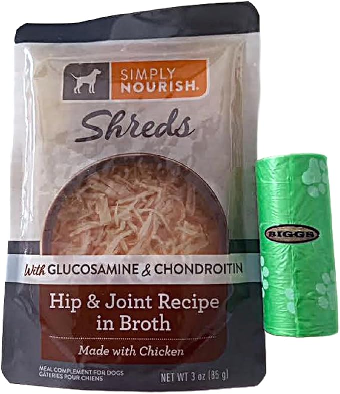 SIMPLY NOURISH Shreds Meal Toppers Pack of 4-3 Ounce Pouches. Plus Biggs Dog Waster Roll. (Hip & Joint w/Chicken)