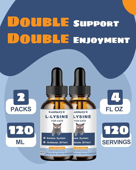 Lysine for Cats - 2 Packs Cat Lysine Drops - Sneezing Treatment, Nasal Relief - Feline Upper Respiratory Infection, Runny Nose, Eye Function - Immune Support - Roast Chicken Flavor