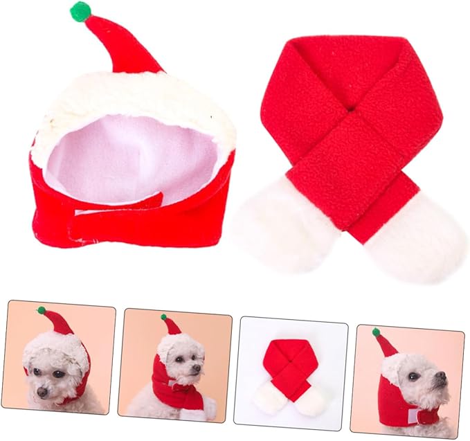 Christmas Pet Hat and Scarf Set, Decorative Dog Headdress Supplies, Warm Winter Photo Prop for Puppies and Small Dogs