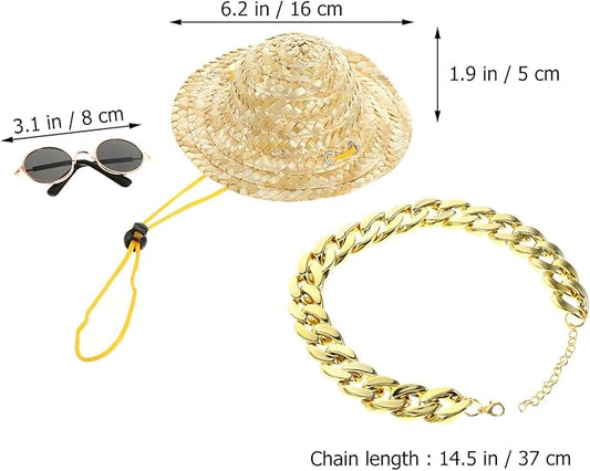 STOBAZA Dog Straw Hat Sunglasses Necklace Set for Puppies Vintage Style Pet Hat Accessories for Small Dogs 3pcs Summer Pet Supply