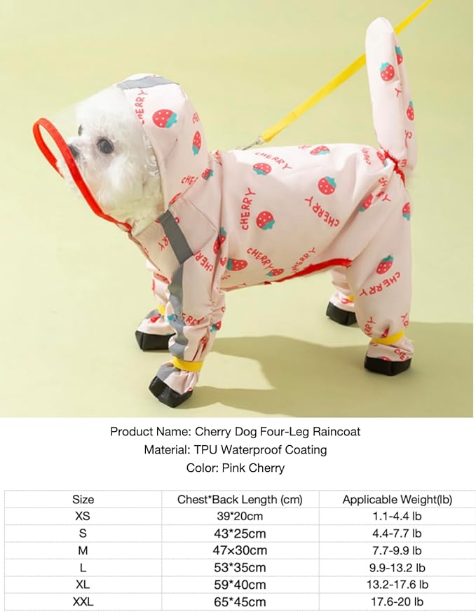 Waterproof Dog Raincoat,Full Coverage 4 Legs Dog Rain Jacket for Small Dogs,Pet Rain Coat with Hood,Reflective Strips&Leash Hole Outdoor Raincoat (X-Large(for Weight 11.1-14.6 lb), Strawberry)