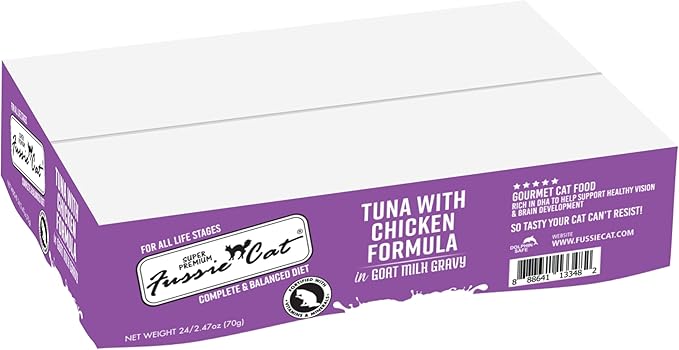 Fussie Cat Premium Canned Wet Cat Food in Goat Milk Gravy - 2.47 oz Cans - Case of 24 Cans (Tuna & Chicken)