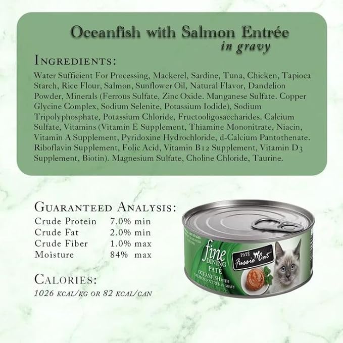 Felicia's Fabulous Finds Fine Dining Pate Wet Cat Food in 4 Flavor: 3 Tuna with Shrimp, 3 Mackerel, 3 Sardine & 3 Oceanfish with Salmon (12 Cans Total, 2.82 Ounces Each) Plus Silicone Lid