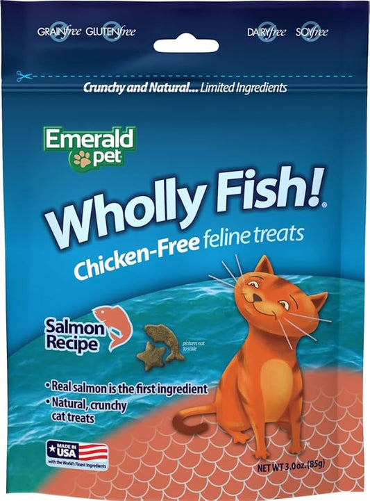 Emerald Pet Wholly Fish! Chicken-Free Feline Treats, Salmon Recipe β Tasty and Crunchy Salmon Cat Treats β Chicken-Free, Grain Free, Natural Cat Treats β Made in USA, 3 oz