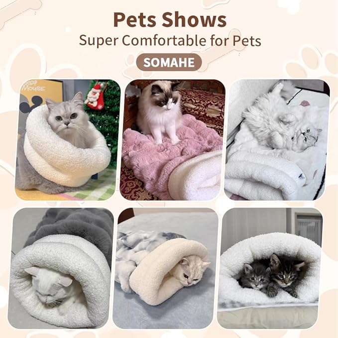 Self-Warming Cat Sleeping Bag, Enclosed Hooded Snuggle Sack with Dual-Side Plush Cat Cave Bed, Portable Foldable Pet Sleeping Pod for Indoor & Travel, Anti-Static, 21.7"x17.7"Pink