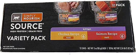 Source Kitten Wet Food Variety Pack, High Protein Grain Free Pate, Chicken and Salmon Recipe, 12 Count 3 oz Cans