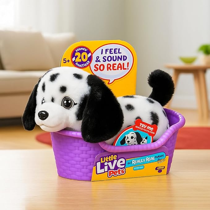 Little Live Pets My Really Real Puppy Mini Pepper The Dalmatian, Interactive Plush Toy with Basket, 20+ Sounds and Reactions, Puppy Toys for Kids