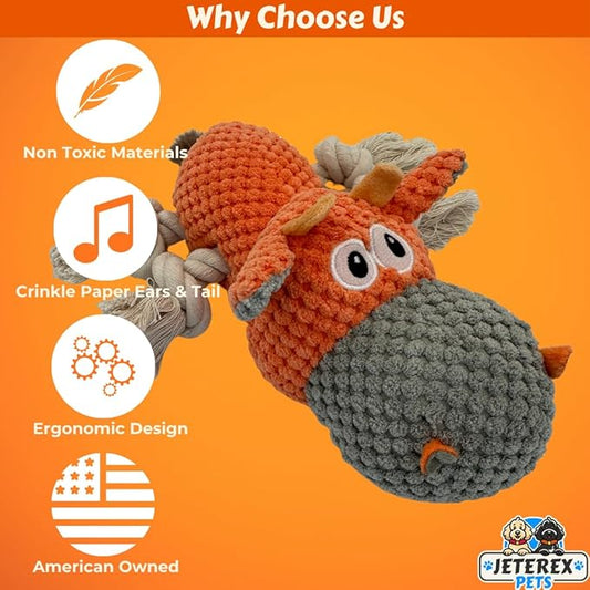 Large Dog Toy - Orange Cow Squeaky Dog Toys for Large Dogs, Med and Small Dogs. Durable with Pineapple Plush Fabric, Rope Legs, Hidden Seams, Reinforced Stress Points, Embroidered Eyes