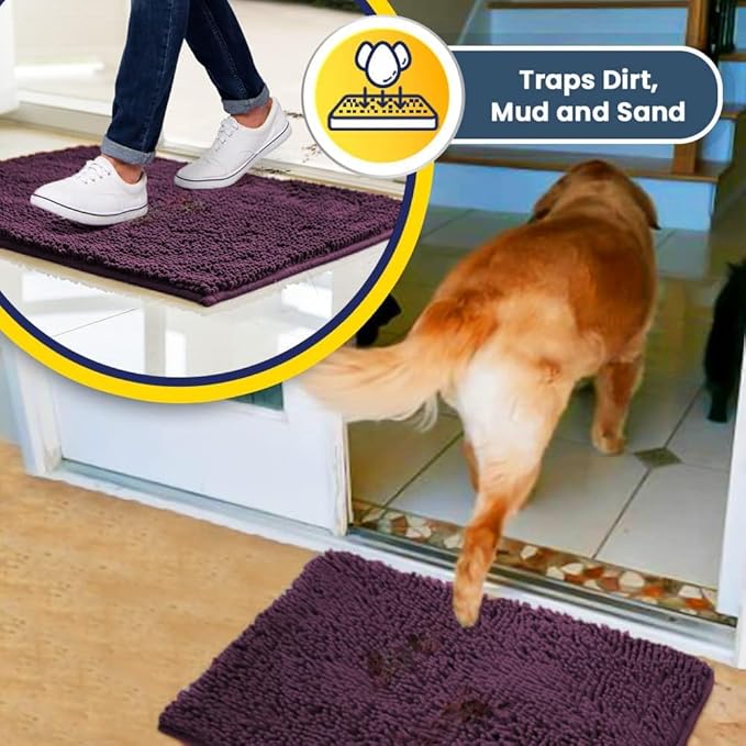 Muddy Mat® | Super Absorbent Door Mat Indoor, Microfiber Quick Dry Chenille Entryway Rug, Non-Slip Front Door Mat, Indoor Mats for Entryway, Machine Washable Pet Rug, Dark Purple 24"x35"