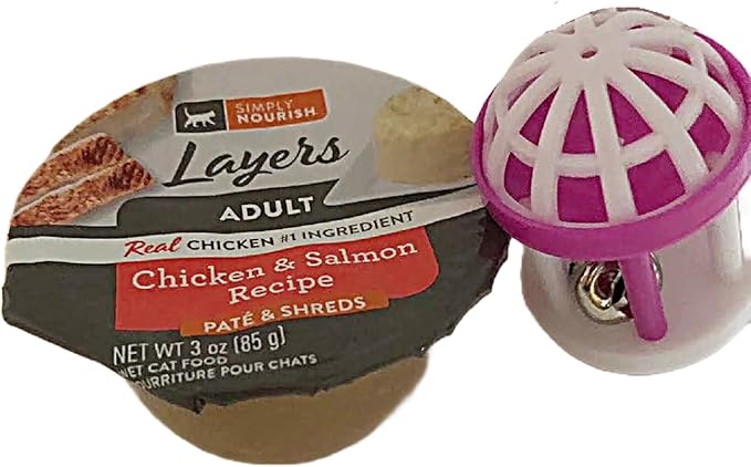 SIMPLY NOURISH Adult Cat Layers Pate & Shreds 6-3 Ounce Cups. Plus Cat Toy Will Vary in Color and Design. (Chicken & Salmon Recipe)