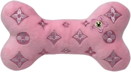 Dog Diggin Designs Chewy Vuiton Pink Blossom Plush Dog Toy Bone | Luxury-Inspired Parody Designer Bone with Squeaker, Soft Plush Chew & Play Dog Toy – Prêt-à-Porter Play!