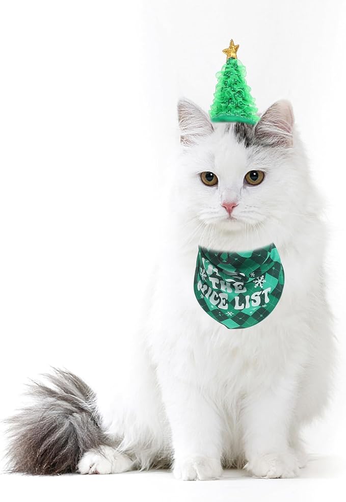 DOITOOL Pet Christmas Hat and Puppy Bandana Set Soft Adjustable Emerald Check Triangle Scarf Holiday Pet Supplies for Dogs and Cats Decoration