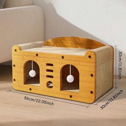 Multi-Function Cat Scratcher House Box,3-in-1 Scratch Pad and Soft Bed & Play Cave with Toys, Durable Build & Ideal for Cats/Kitty (Yellow,MD-DOOR1)