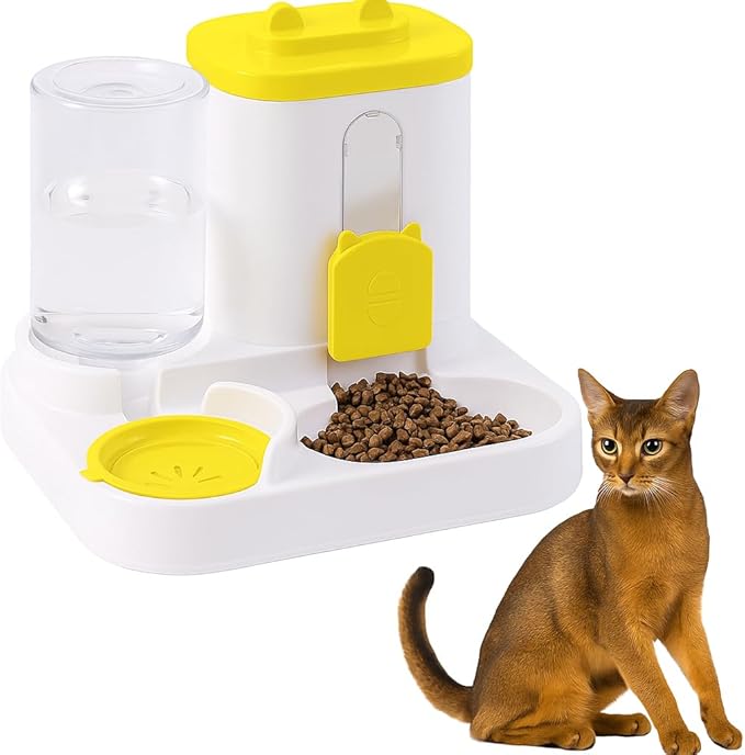 Cat Feeder and Water Dispenser, 2 in 1 Automatic Cat Feeder, 2 Pack Large Capacity Self Feeding for Small Medium Dog Puppy Kitten (Yellow)