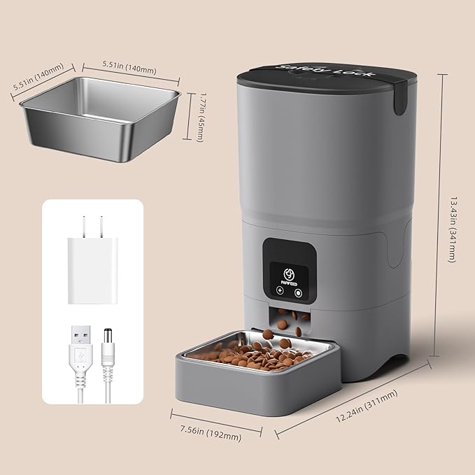 PAPIFEED Automatic Cat Feeder Upgrade, WiFi Pet Feeder with APP Control for Remote Feeding, Detachable for Easy Clean, Dual Power Supply,1-10 Meals Per Day for Multiple Pets(Gray)