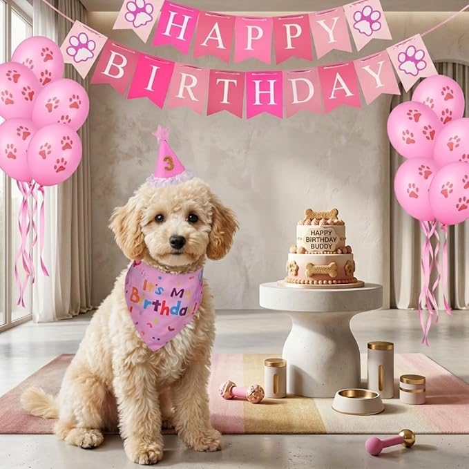 Dog Birthday Party Supplies, Dog Birthday Bandana Set, Dog Boy Girl Birthday Party Hat with Numbers,Flag, Balloon for Large Medium Small Dogs Pet (Pink)