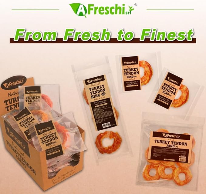 A Freschi srl Turkey Tendons for Dogs, USA-Sourced, Healthy Dog Treats, Rawhide-Free Puppy Chews, Long Lasting, All Natural, Hypoallergenic Dog Treats for Medium Breeds, 3 Count Pack Ring (M)