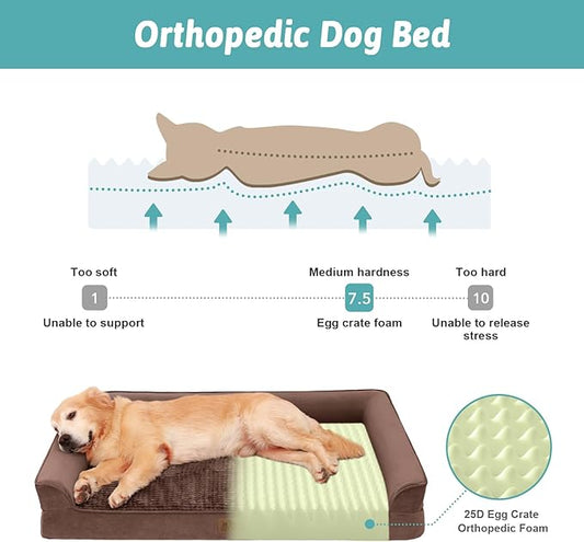 Orthopedic Large Dog Beds, Bolster Pet Couch with Waterproof Lining, Egg Crate Foam Sofa for Pets Up to 65 lbs, U-Shaped, 36x27x7.5 inch, Brown