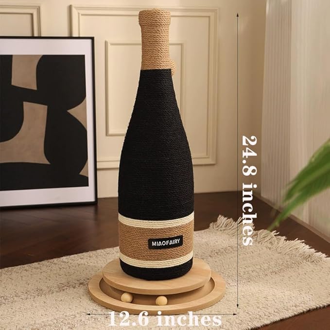 Cat Scratching Post, Premium Cat Scratching Board, Sisal Fiber Cat Scratcher-24.8 Inches with Hanging Ball, Red Wine Bottle Simple Design-Suitable Indoor Small and Medium Cats (24.8 in, Wooden Base)