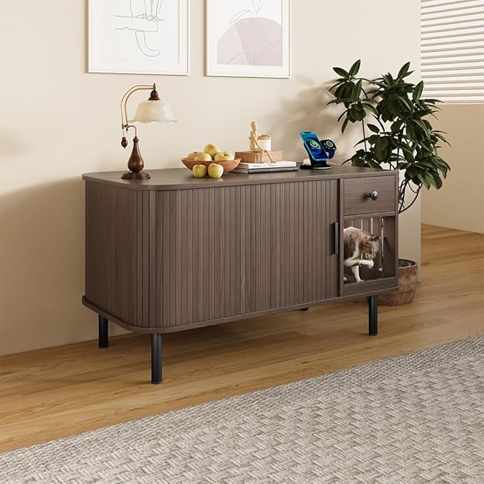 Cat Litter Box Enclosure Furniture with Sliding Door & Charging Station, Hidden Cat Litter Box Cabinet with Drawer & Shelves, Modern Indoor Cat House Side Table for Living Room Bedroom, Brown