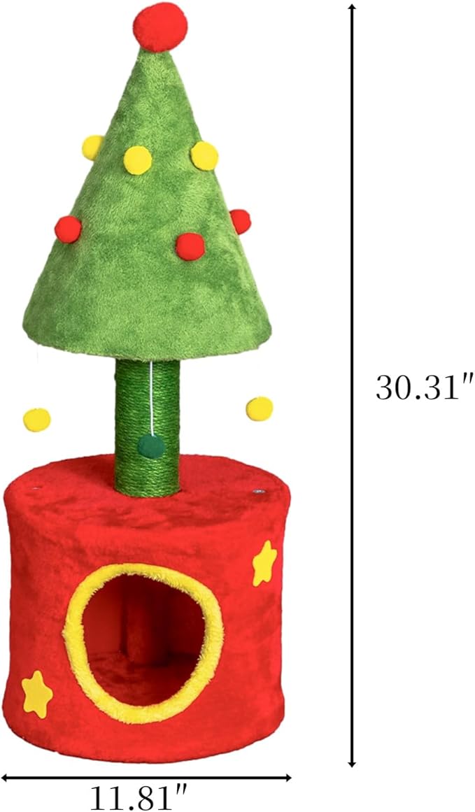 Outvita 30in Cat Scratching Post with Cat House for Indoor Kitten, Small Cat Tree Tower with Sisal Post and Cute Hanging Balls, Red & Green
