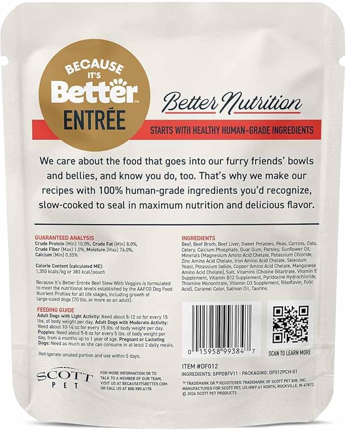 Because It's Better Entrée Complete Meal, Beef Stew with Veggies, Human Grade Wet Dog Food, 10 oz Pouches, 6 Count