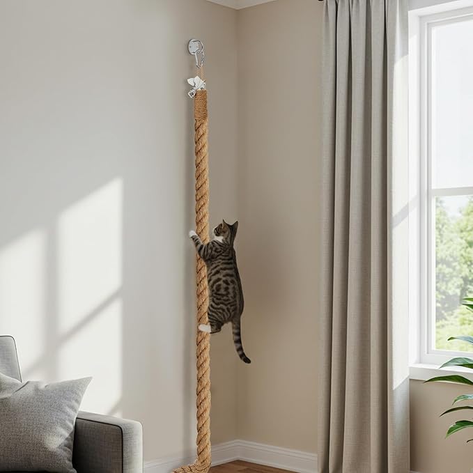 Weysat 1.97'' x 8.9 ft Cat Climbing Jute Rope with Hook Ceiling Wall Mounted Kitten Scratching Post Climbing Rope Toy for Indoor Outdoor Cats