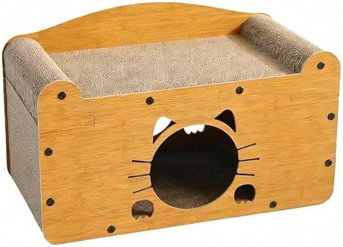 Multi-Function Cat Scratcher House Box,3-in-1 Scratch Pad and Soft Bed & Play Cave with Toys, Durable Build & Ideal for Cats/Kitty (Yellow,FX-SFHXM)