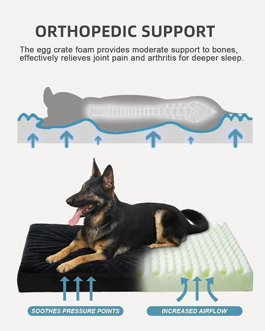 KSIIA Orthopedic Dog Bed Crate Waterproof Pet Mats for Large Dogs Deluxe Plush Washable Pet Bed with Egg Crate Foam & Removable Cover, 41 x 27 Inch, Black