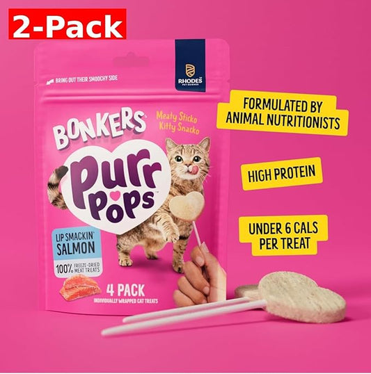 Bonkers Purrpops, Freeze Dried Salmon Flavored Lollipop Cat Treats, Cat Treats, Treats for Training, for All Breeds and Ages, Food Topper (8 Pieces) 2-Pack