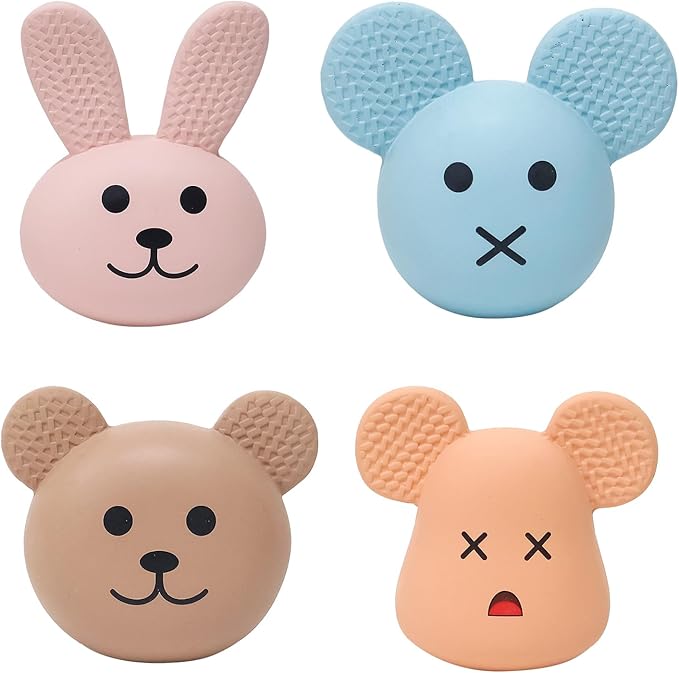 Natural Latex Dog Toys 4-in-1 Set - Bunny & Bear Emoji Squeaky Teething Clean Puppy Toys, Non-Toxic Fresh Scented Calming Toys for Small Medium Dogs, Interactive Pet Toys with Funny Faces Gift Pack