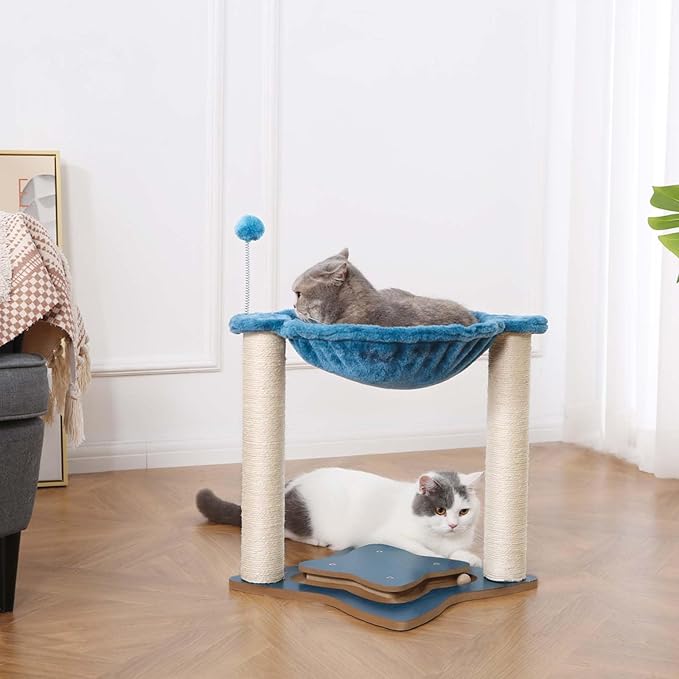 FluffyDream Cat Scratching Post for Indoor Cats, Small Cat Tree Tower with Hammock,Wooden Interactive Ball Track for Kitten and Adult Cats,18inches (Navy)