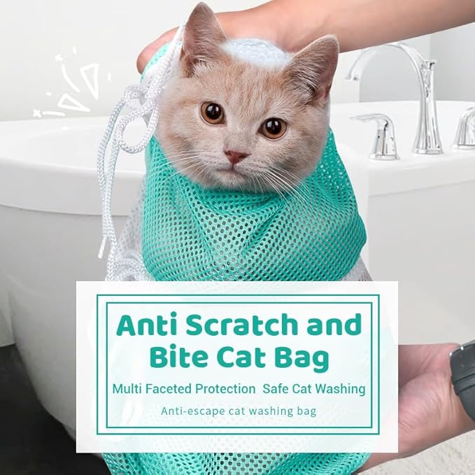 Cat Bathing Bag – Anti-Scratch Cat Washing Bag for Grooming, Nail Trimming – Mesh Cat Shower Bag with 4-Point Adjustable Restraint & Detachable Design