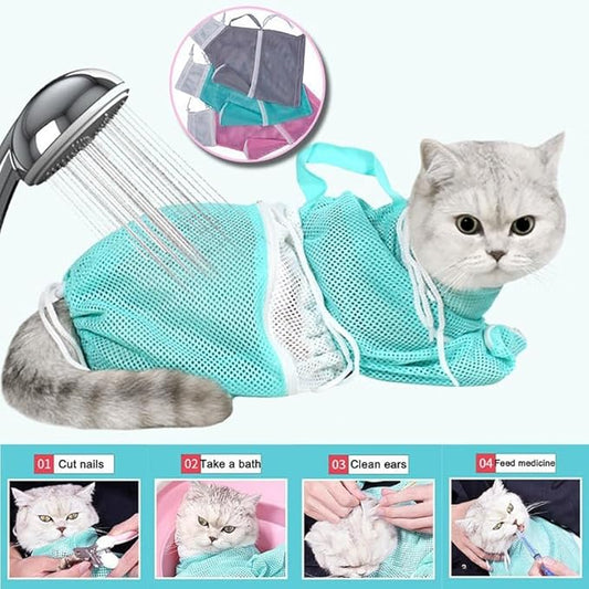 Multifunctional Cat Mesh Bathing Bag, Anti-Bite and Anti-Scratch with Zipper and Drawstrings, Adjustable Breathable Polyester Mesh Restraint for Bathing, Nail Trimming (Green+Grey)
