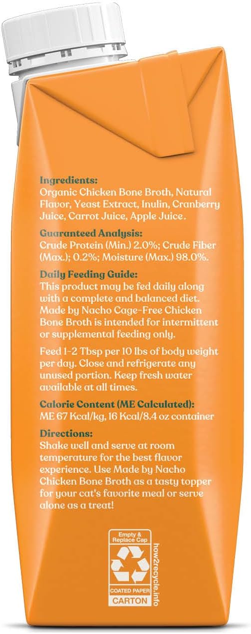 Made by Nacho Bone Broth Cat Food Topper for Hydration and Picky Eaters - Add Protein and Flavor to Your Dry Cat Food – Supports Optimal Nutrition, Digestion, Skin & Coat, 11 oz. Chicken (Pack of 4)