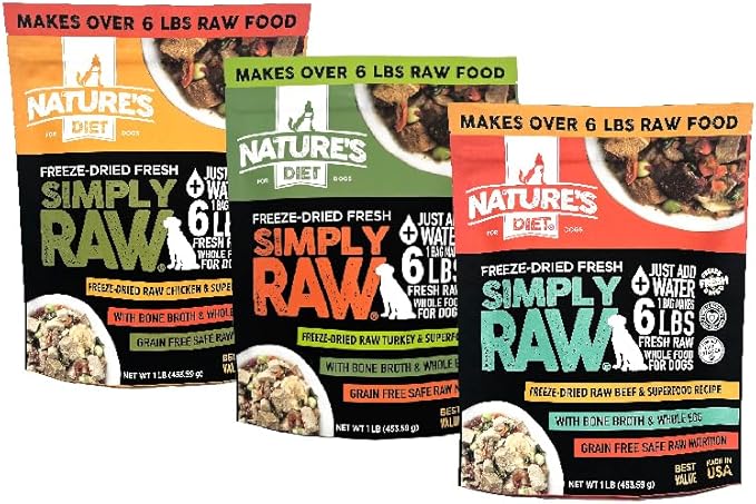 Nature's Diet Simply Raw Freeze-Dried Whole Food Meal - 1 lb Sample 3 Pack Fresh Food with Muscle, Organ, Bone Broth, Whole Egg, Superfoods, Fish Oil Omega 3, 6, 9, Probiotics, Prebiotics
