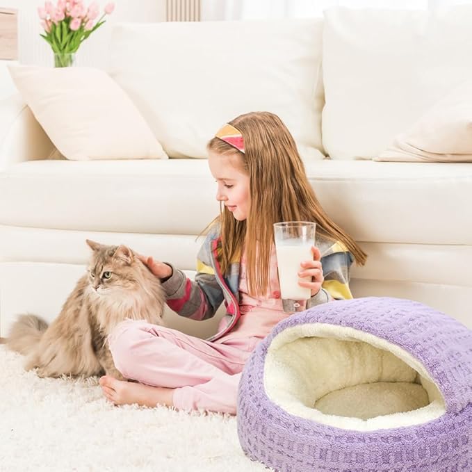 Plush Cat Bed Hooded Semi Enclosed Shell Shaped Pet Nest Cozy Warming Anti-Slip Small Dog Bed for Puppy and Kitten (Green, Large)
