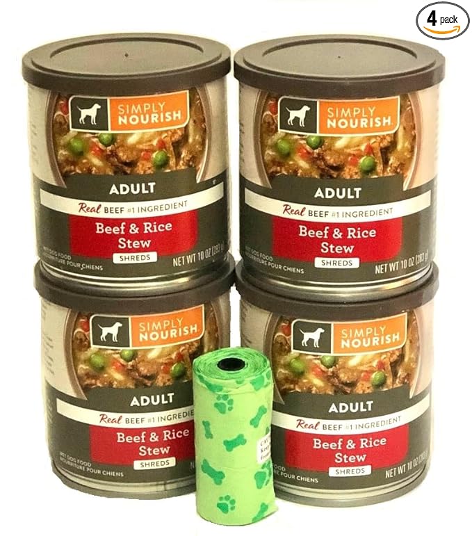 Simply Nourish Adult Beef & Rice Stew Shreds. All Breeds Of Dogs 4-10 OZ Cans/Plus Dog Waste Bag.