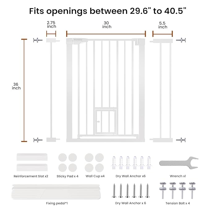 Mumeasy 36" High Extra Tall Baby Gate with Cat Door, 29.6"-40.5" Wide Pressure Mounted Dog Gate with Small Pet Door, Auto Close Pet Gate for House,Stairs,Doorways,White