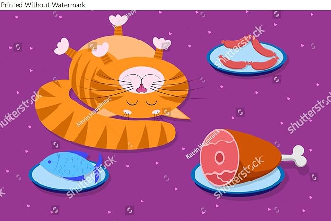Wall Art Poster Print of Food for Cats, Pets. a Cute Red Cartoon Cat with a Funny Muzzle, Face Lies on Its Back with Its Eyes Closed, Next to Different Foods. Dishes with Ham, Sausages and Fish. for