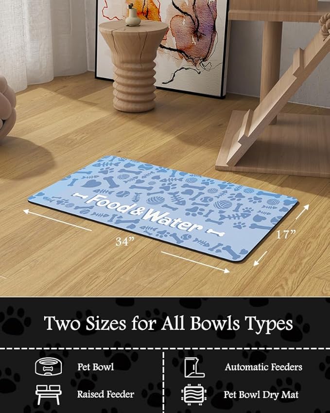 Pet Feeding Mat-Absorbent Dog Mat for Food and Water Bowl-No Stains Quick Dry Water Dispenser Mat-Dog Accessories Pet Supplies-Bowl for Messy Drinkers(Bone,17"x34"