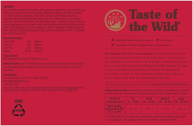 Diamond Pet Foods AS-8611454 13.2 oz Taste of The Wild Southwest Canyon Canine Formula Stew Canned Dog Food 12 cans of 13 onz