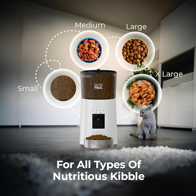 Penthouse Paws Smart HD Automatic Pet Feeder, 6L Dry Food Capacity, 1080p Camera, 2-Way Audio, Scheduled Meals, Backup Power, Easy to Clean, Anti-Jam Design for Cat & Dog, White/Stainless Steel
