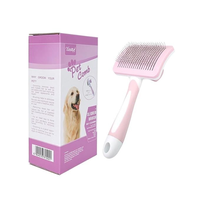 Cat Grooming Brush, Self-Cleaning Slicker Brush, Cat Brushes for Indoor Cats - Easily Removes Loose Undercoat, Pet Massage Tool Suitable for Pets with Long or Short Hair, Quick Clean (Pink)