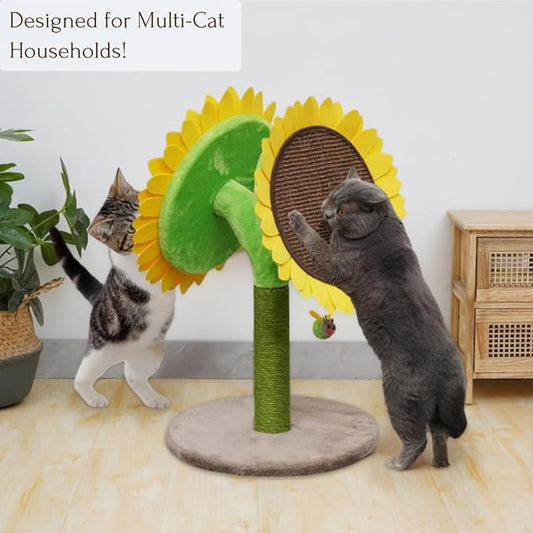 PetPals Sunflower Cat Scratcher with Angled Double Jute Scratching Pads and Replaceable Sisal Post, Cat Claw Scratcher Pole for Kitten with Interactive Toy Bee, for Multi-cat Home