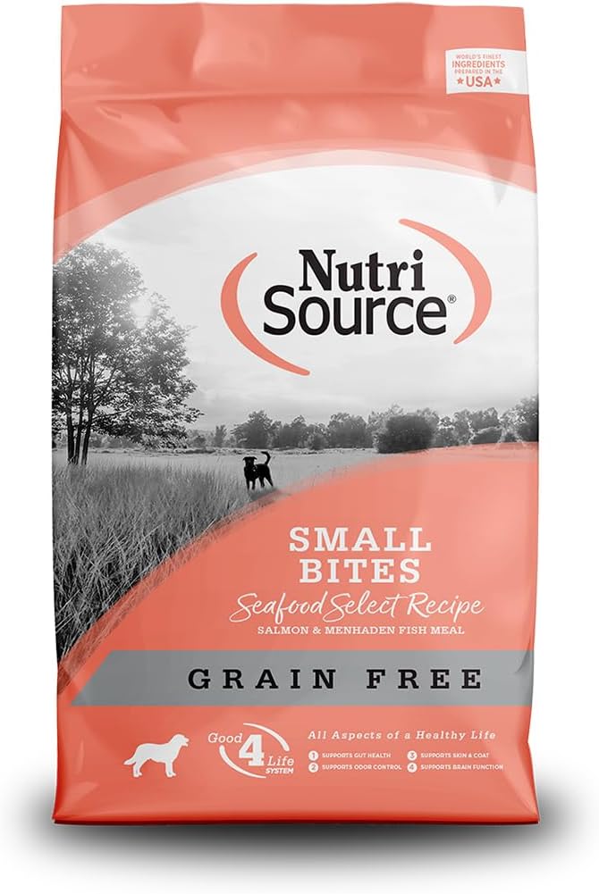 NutriSource Small Bites Grain Free Seafood Select Recipe with Salmon & Menhaden Fish Meal Dog Food 4 lb