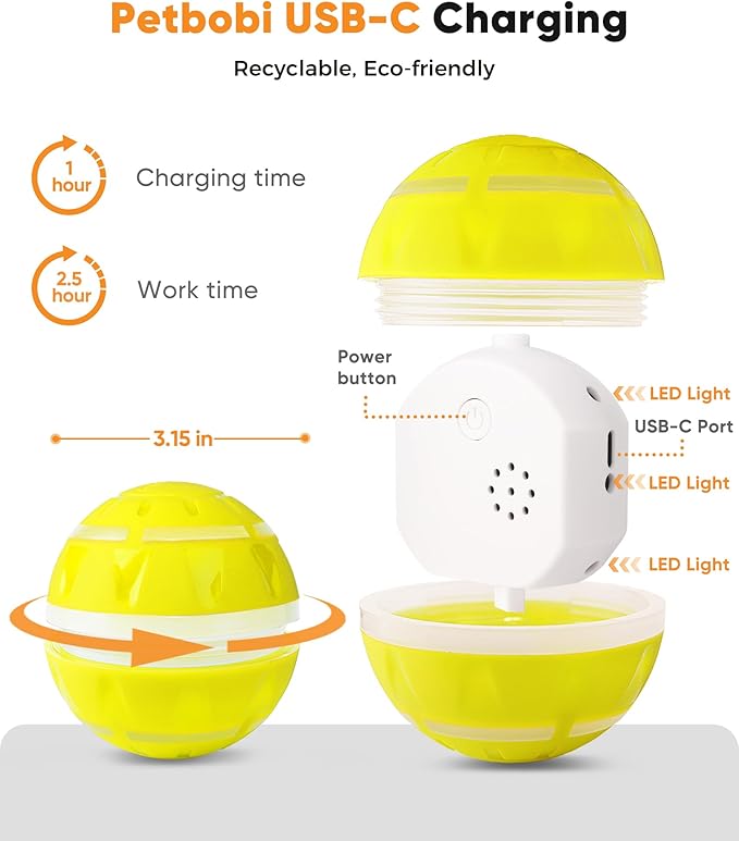 Petbobi Interactive Dog Toys – USB Rechargeable Automatic Rolling Ball with LED Lights, Active Bouncing Ball for Small Medium Pets to Exercise, Dog Toys to Keep Them Busy, Durable TPU Shell, Yellow