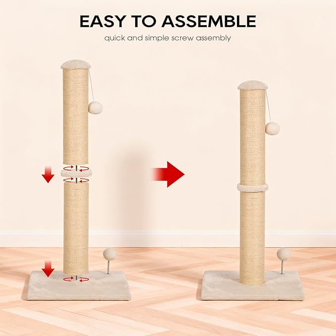 Dkelincs 33" Tall Cat Scratching Post Premium Sisal Kitten Scratcher with Hanging Ball for Indoor Cats, Cat Scratch Post for Living Room & Bedroom, Ideal for Cats at All Ages (Beige, 33 Inch)