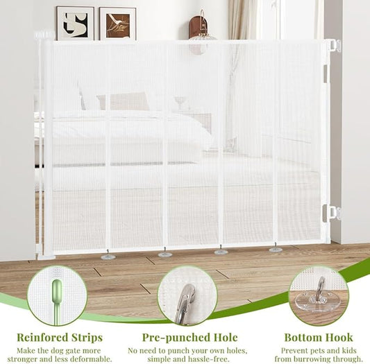 47" Extra Tall Retractable Baby Gates, Extends to 59" Wide, ExtraTall Retractable Safety Gate with Reinforced Strips, Retractable Tall Dog Gates for Doorways Mesh Baby Pet Gates Indoor, White