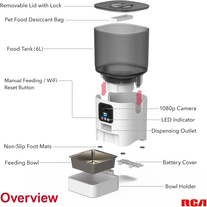 RCA Cat & Dog Pet Feeder with HD 1080p Camera, Real-Time Two-Way Audio, Monitoring, Motion Detection, Night Vision, Compatible with Alexa & Google Assistant - 6L Capacity, Dishwasher Safe Bowls